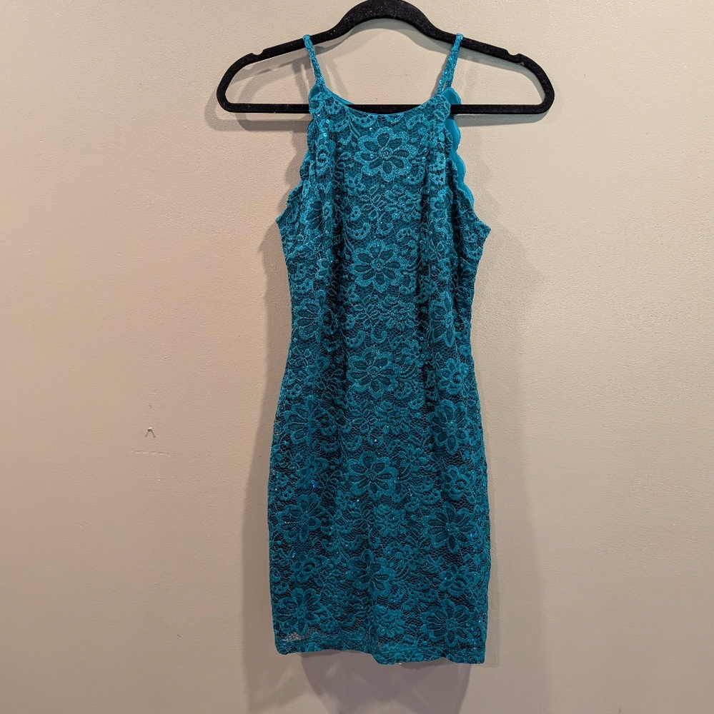 NWT BCX DRESS Womens Teal Sleeveless Halter Short Evening Shift Dress 1